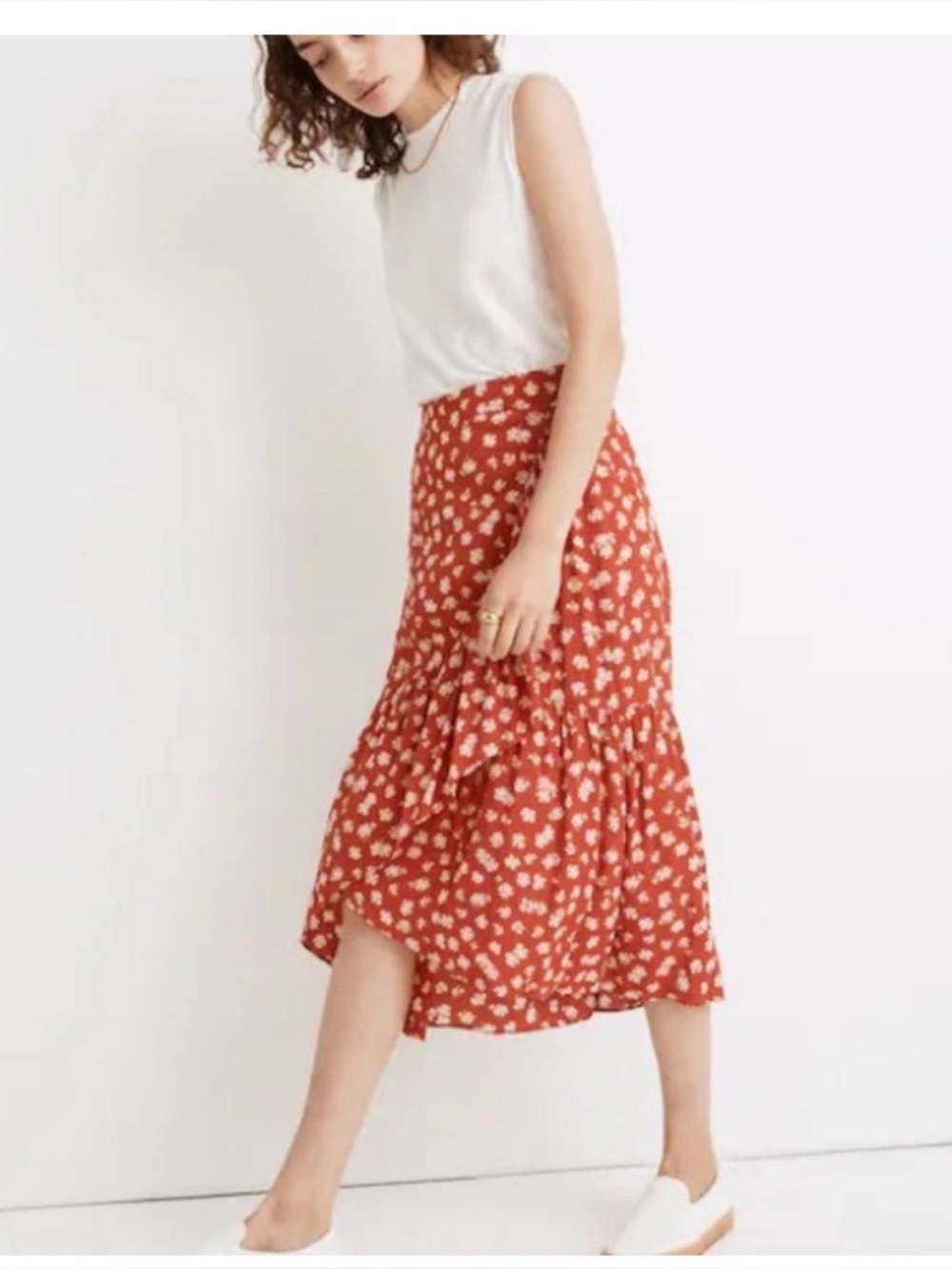 Red orange Floral Ruffle Midi Skirt